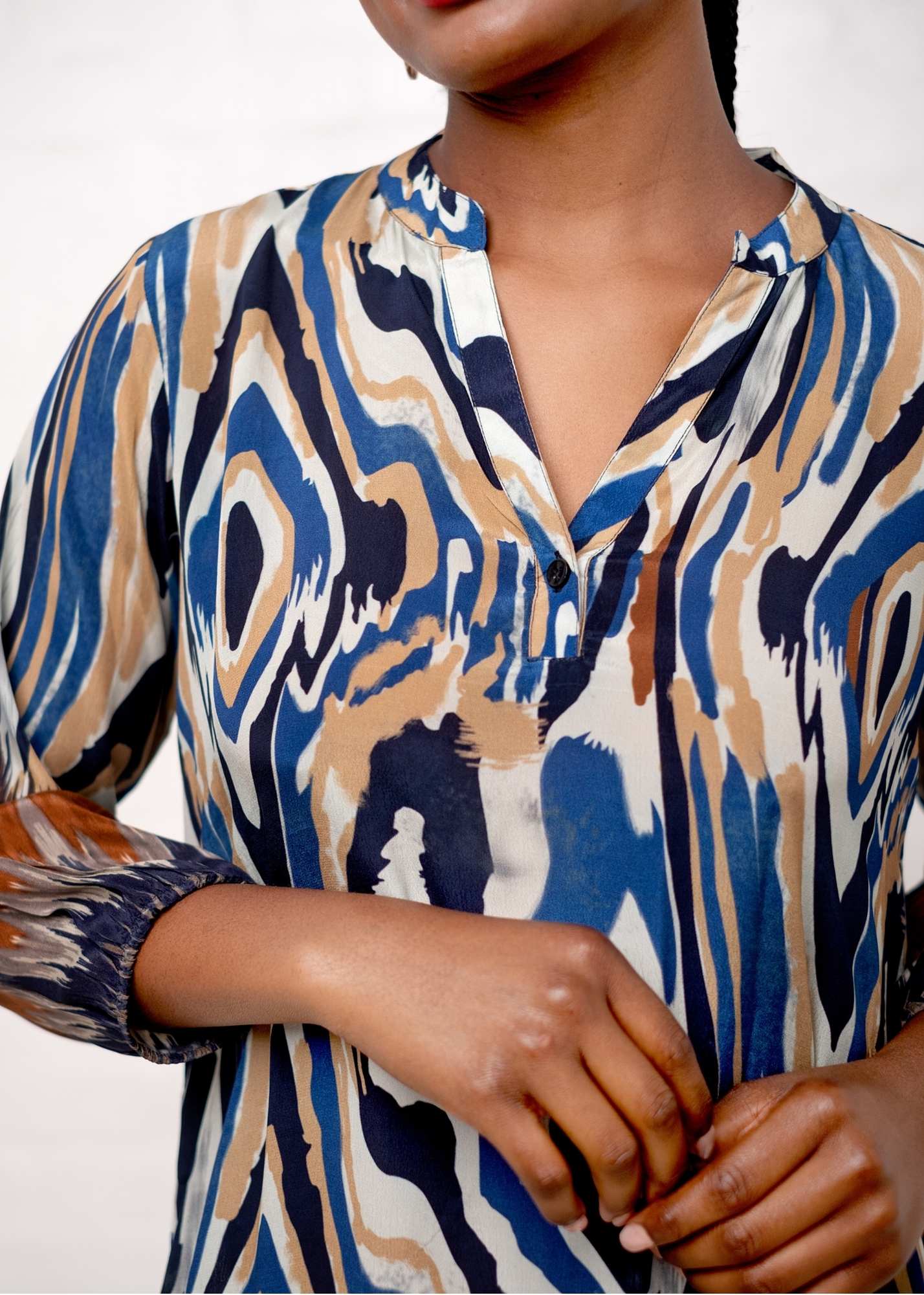 Carli Dress in Taupe and Blue Marble Print