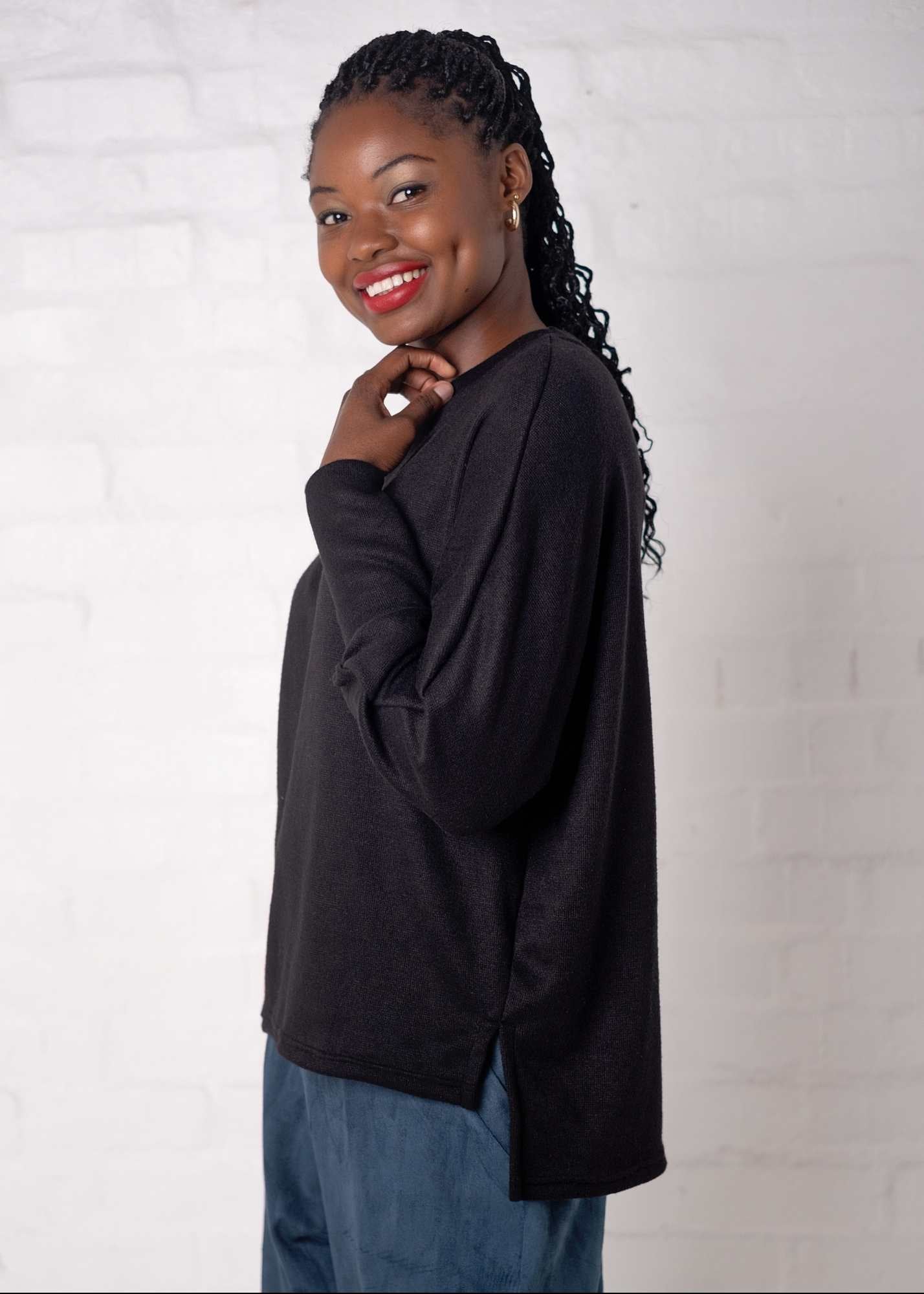 Round Neck Sweater Top, Black Jersey Knit