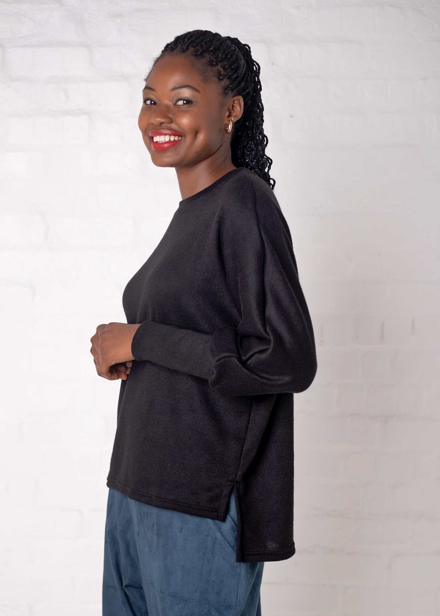 Round Neck Sweater Top, Black Jersey Knit