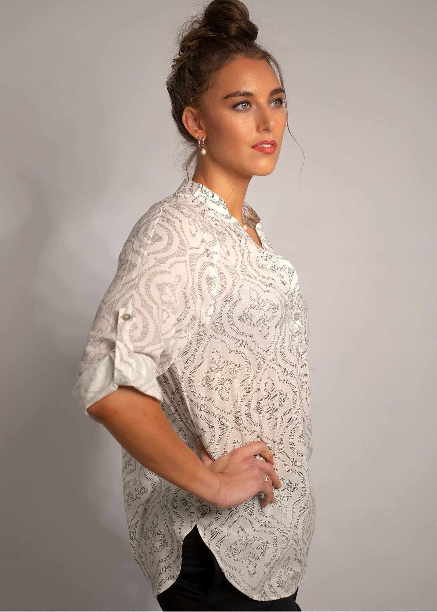 Lola Shirt in White with Black Dot Matrix