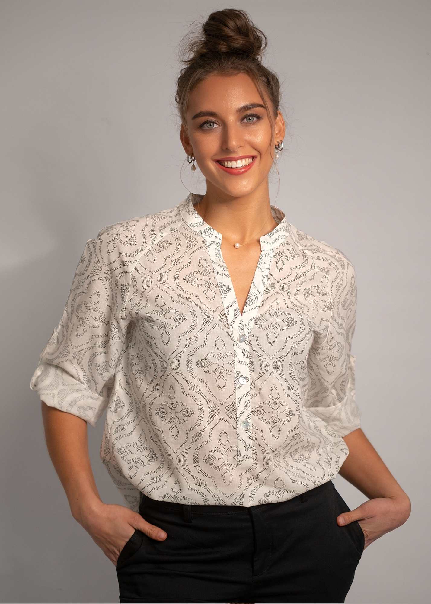Lola Shirt in White with Black Dot Matrix