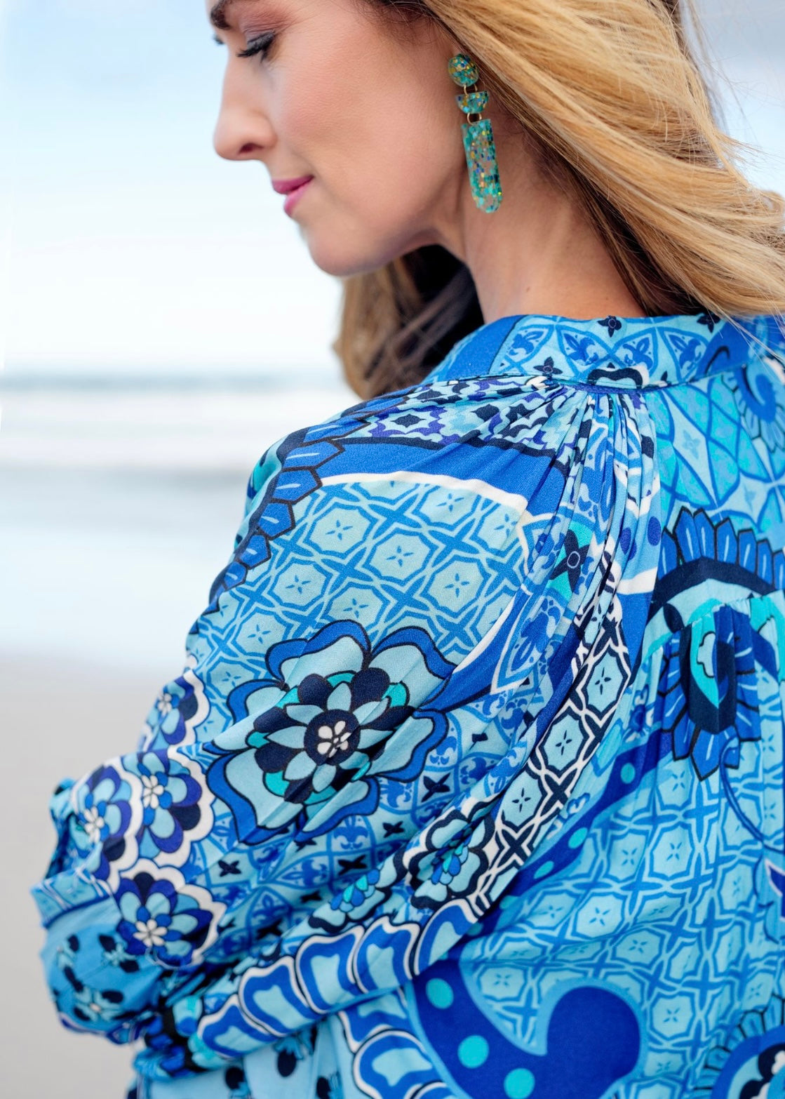 Ruby Raglan Button Down Dress in Blue paisley
