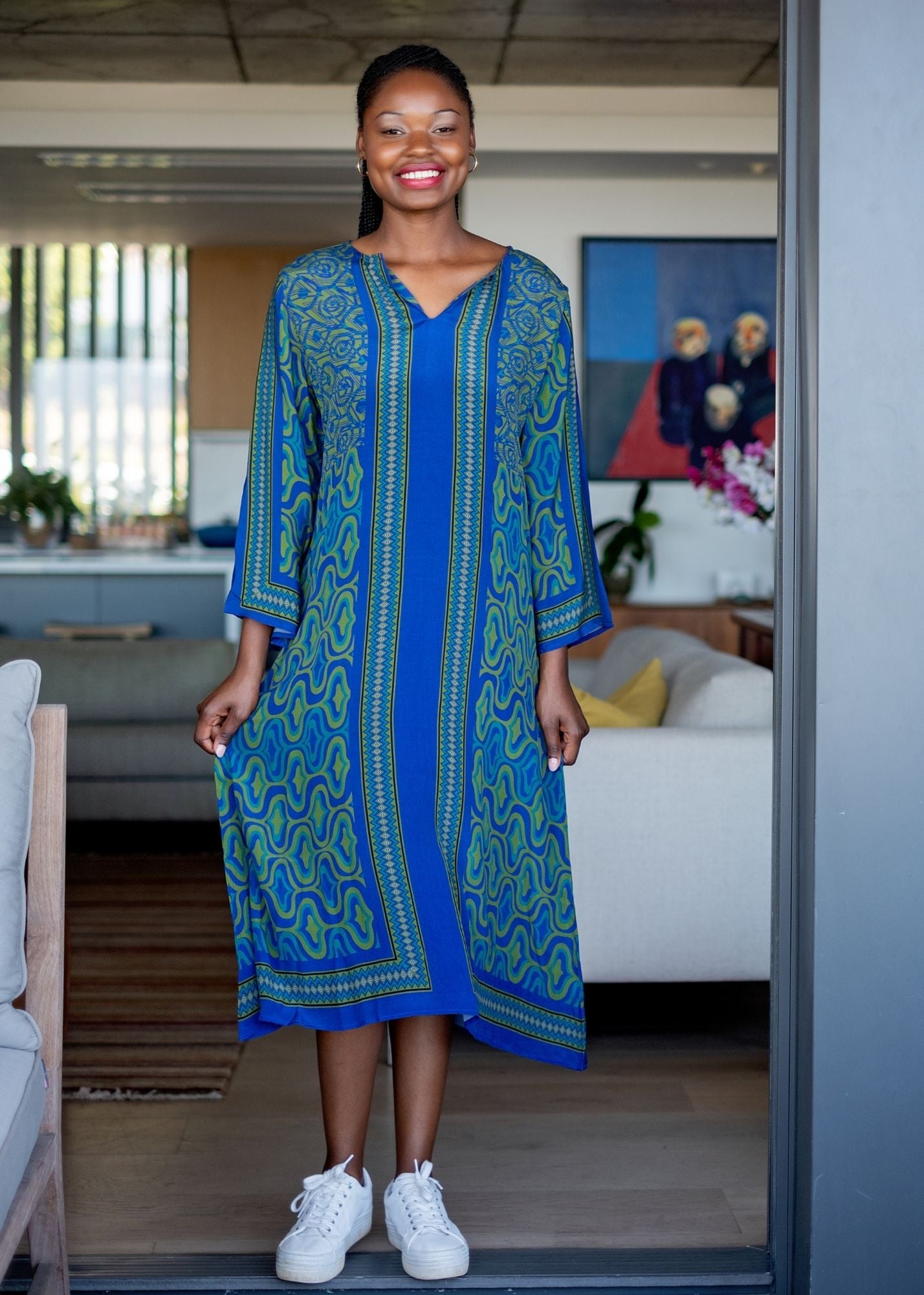 Elenor Dress in Blue and Green Vertical Stripes