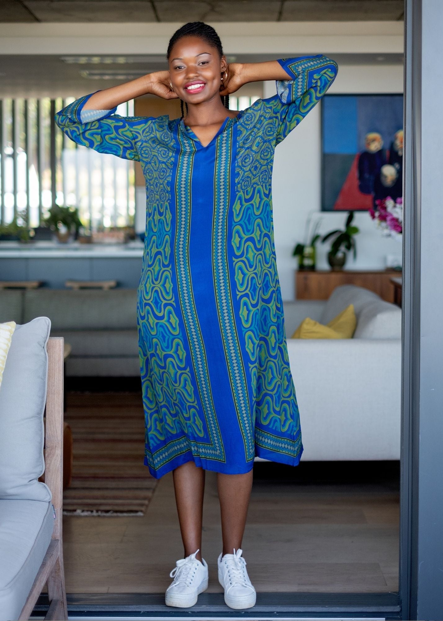 Elenor Dress in Blue and Green Vertical Stripes