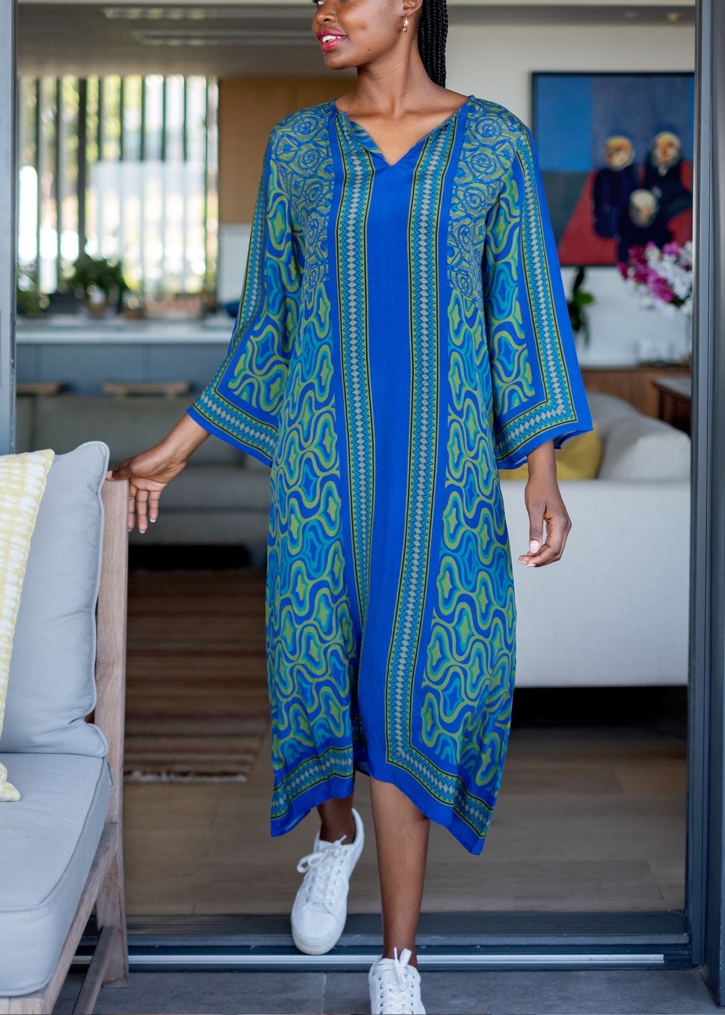 Elenor Dress in Blue and Green Vertical Stripes