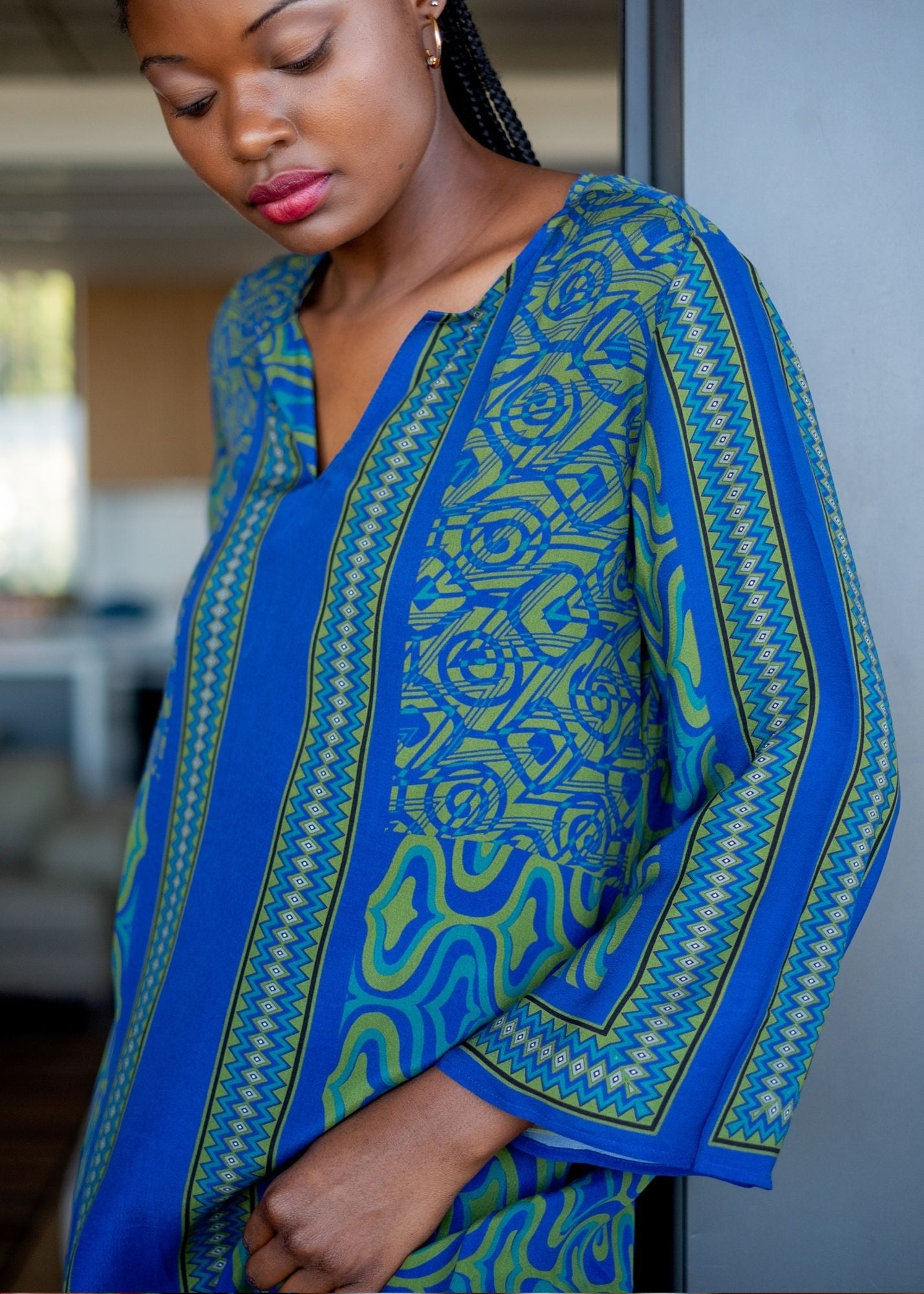 Elenor Dress in Blue and Green Vertical Stripes
