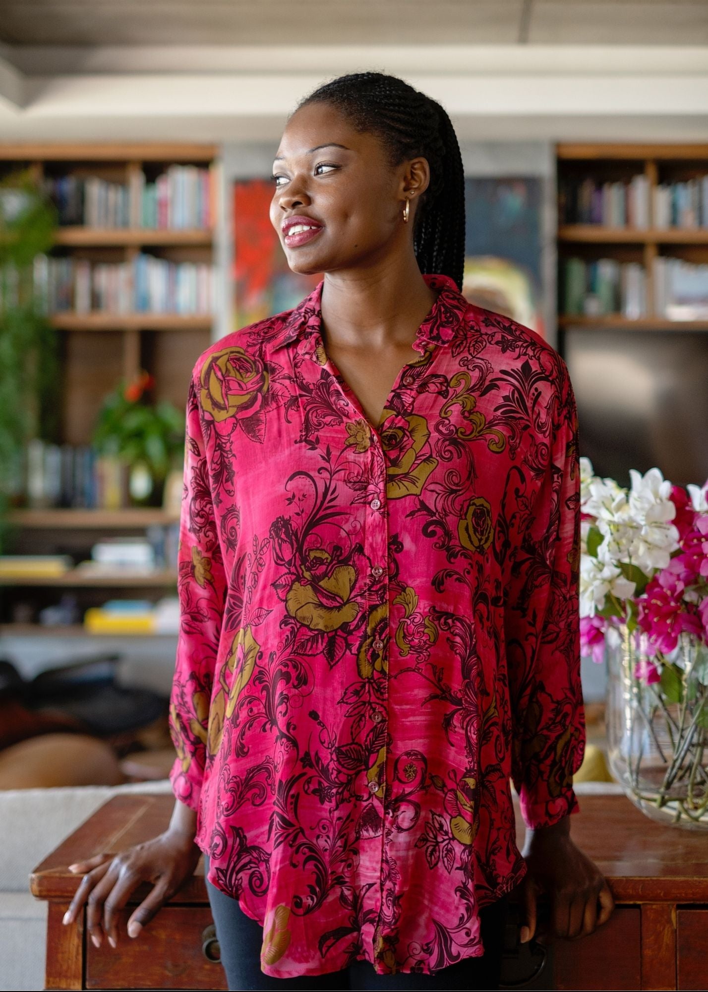 Sienna Button down blouse in Pink Rose