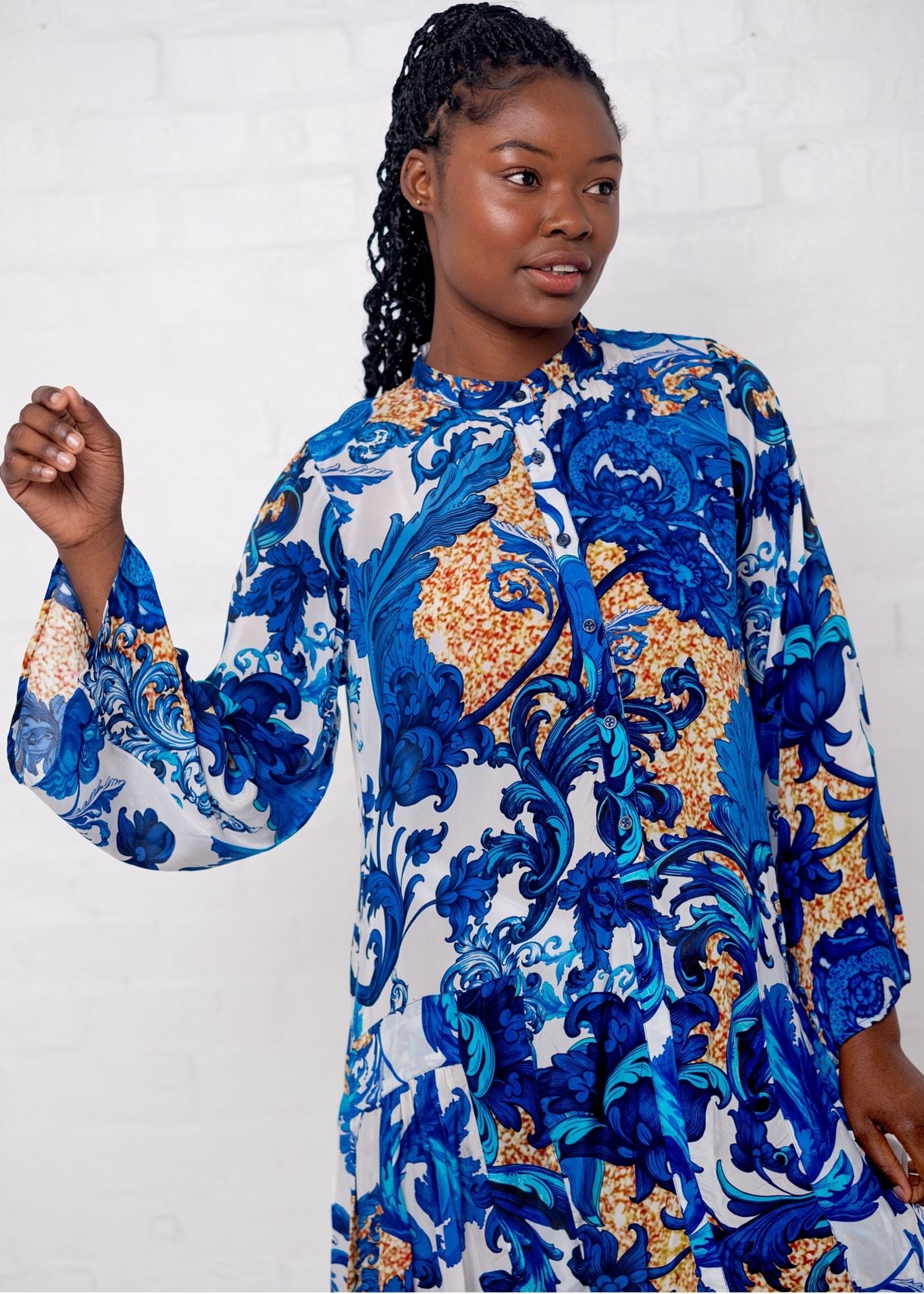 Amalfi Dress in Blue and Gold Fleur de Lys