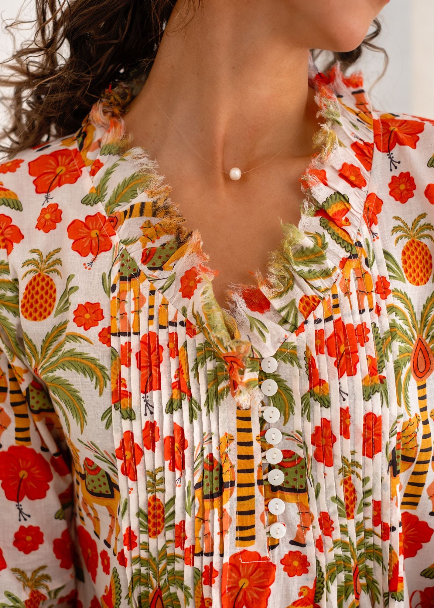 Sarah Dress with Frill in Orange and Green Camel KNEE LENGTH