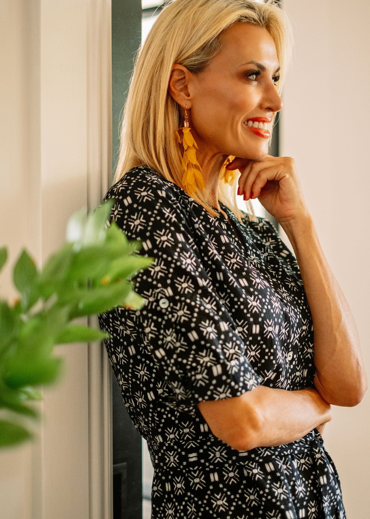 Mandarin Collar Dress in Black and White Tribal