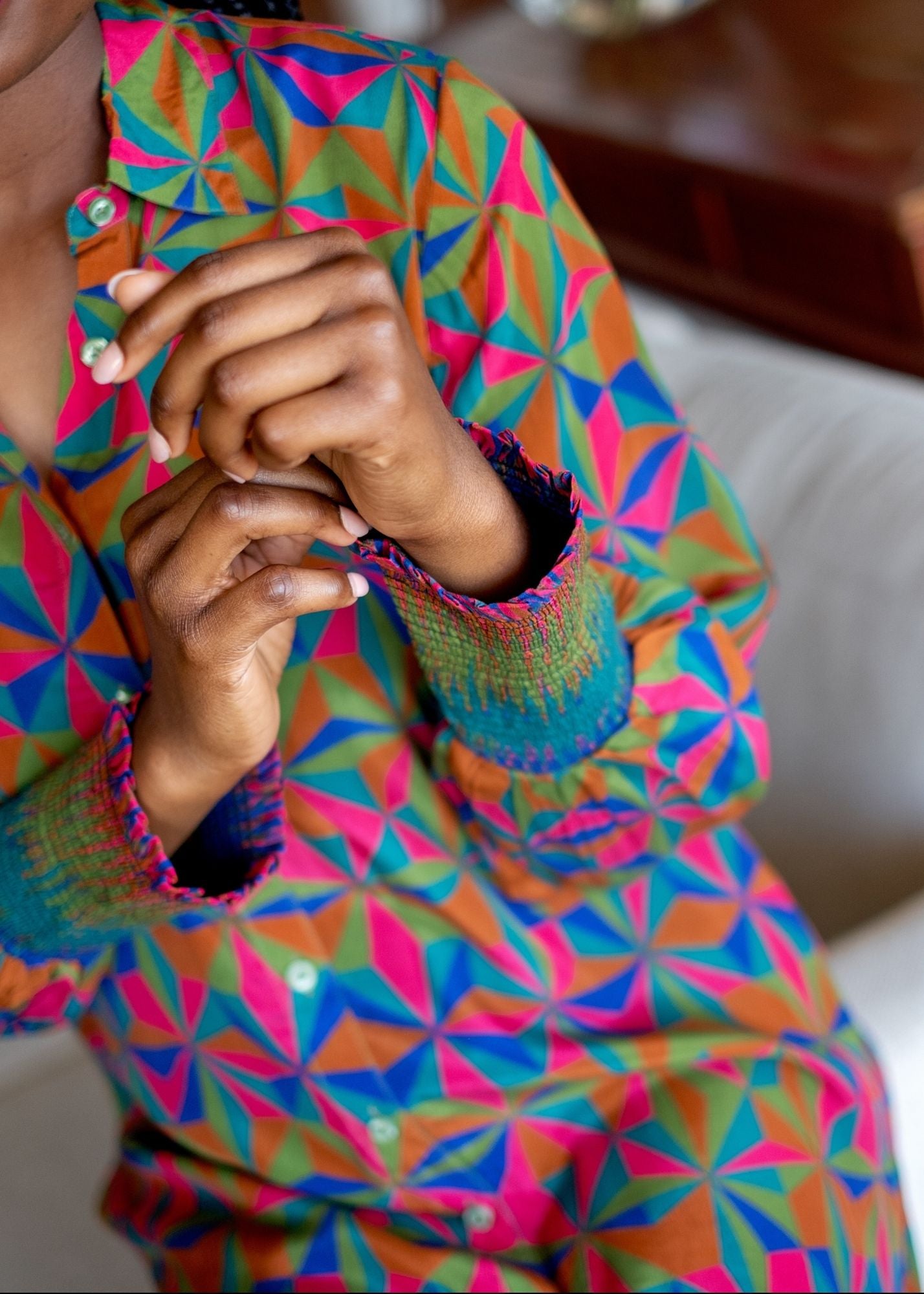 Delia Dress with Puff Sleeve in Colourful Triangles