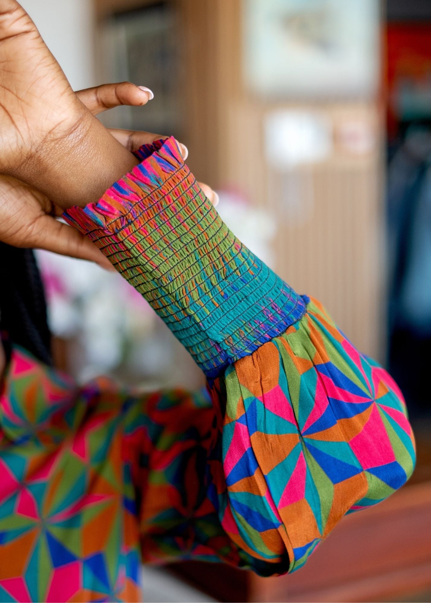 Delia Dress with Puff Sleeve in Colourful Triangles