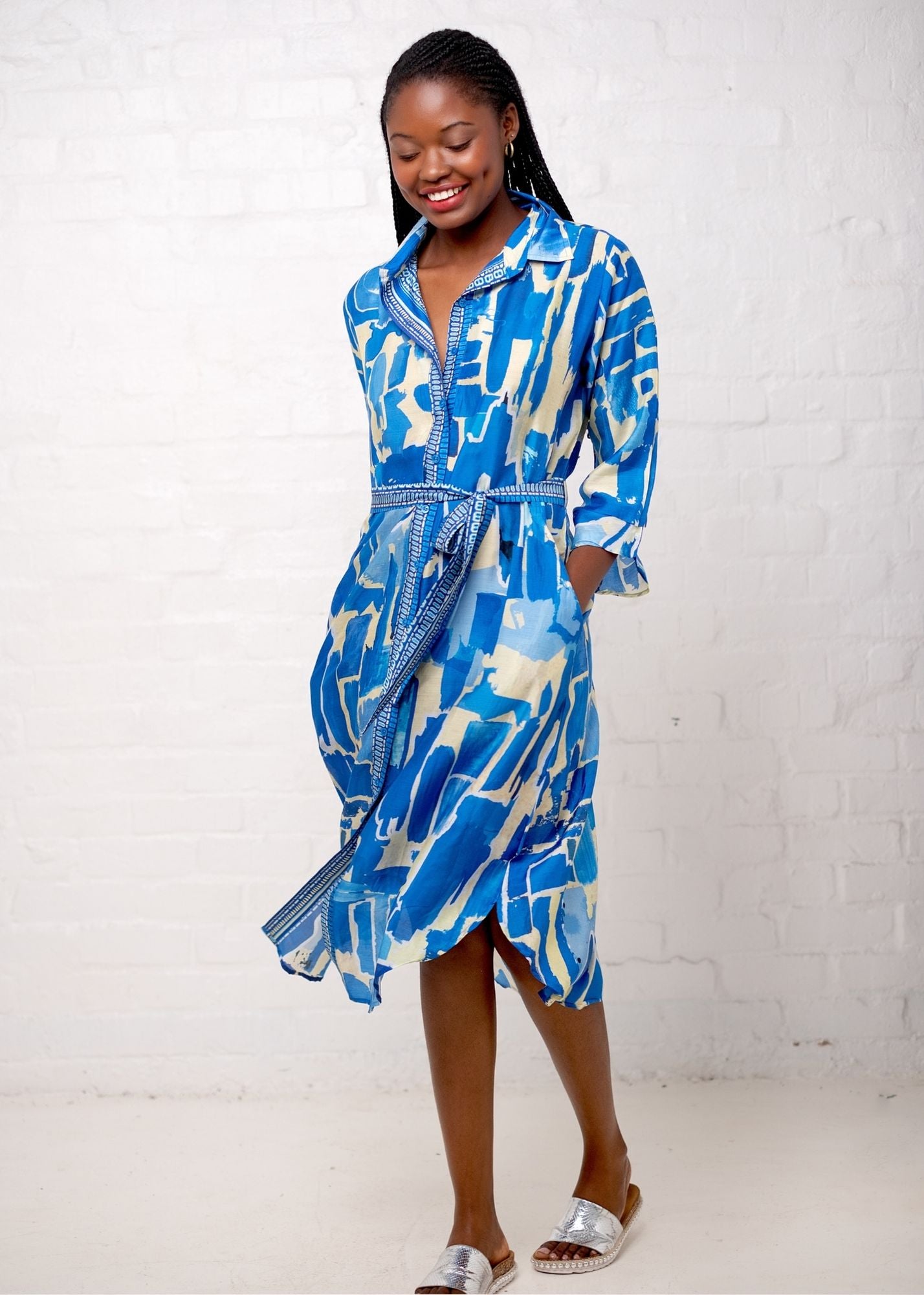 Leila Dress in Blue and White Paint Brush Strokes