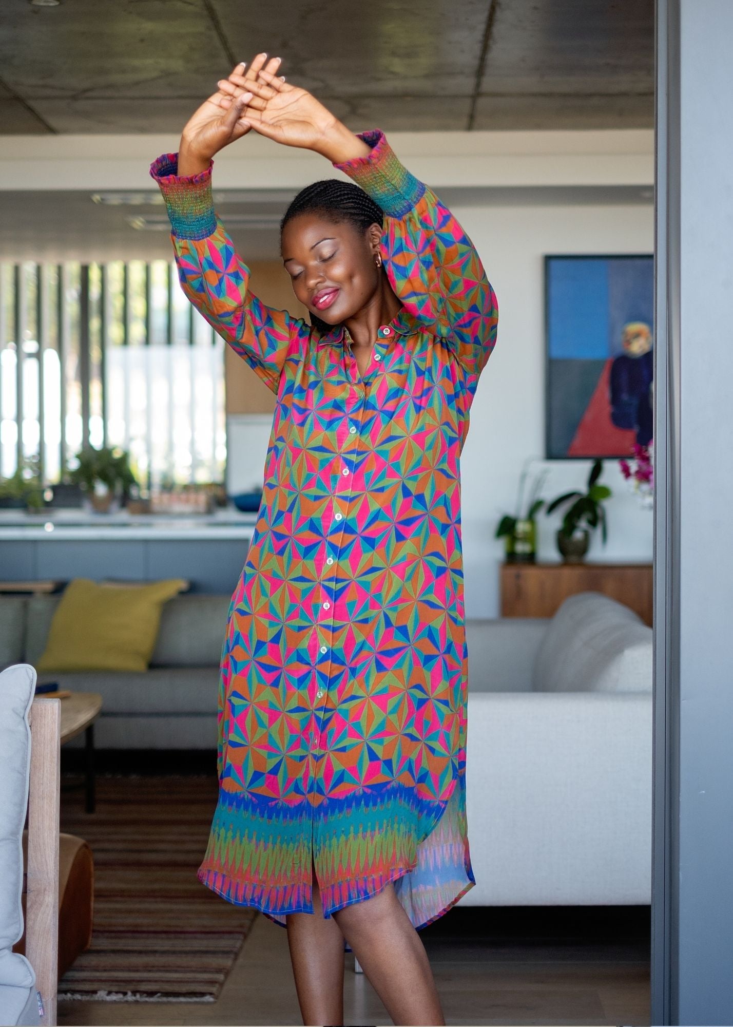 Delia Dress with Puff Sleeve in Colourful Triangles