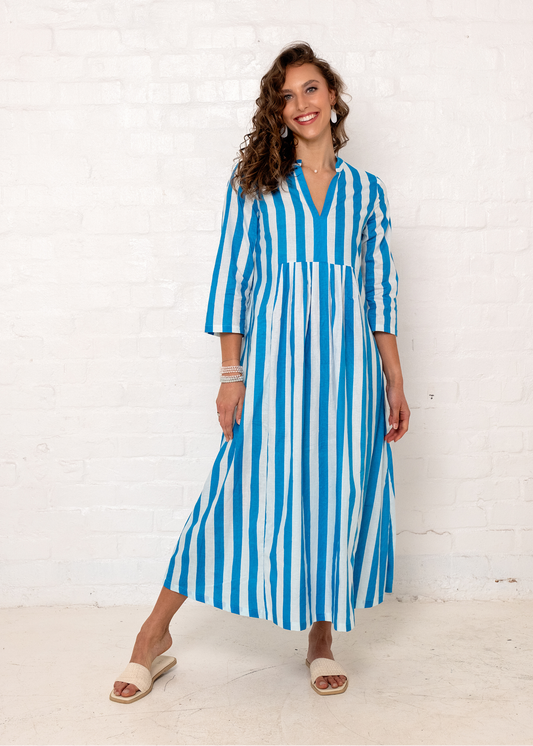Amelia pleated dress Long, Blue Pinstripe