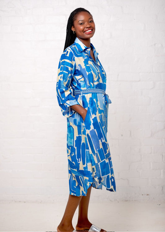 Leila Dress in Blue and White Paint Brush Strokes