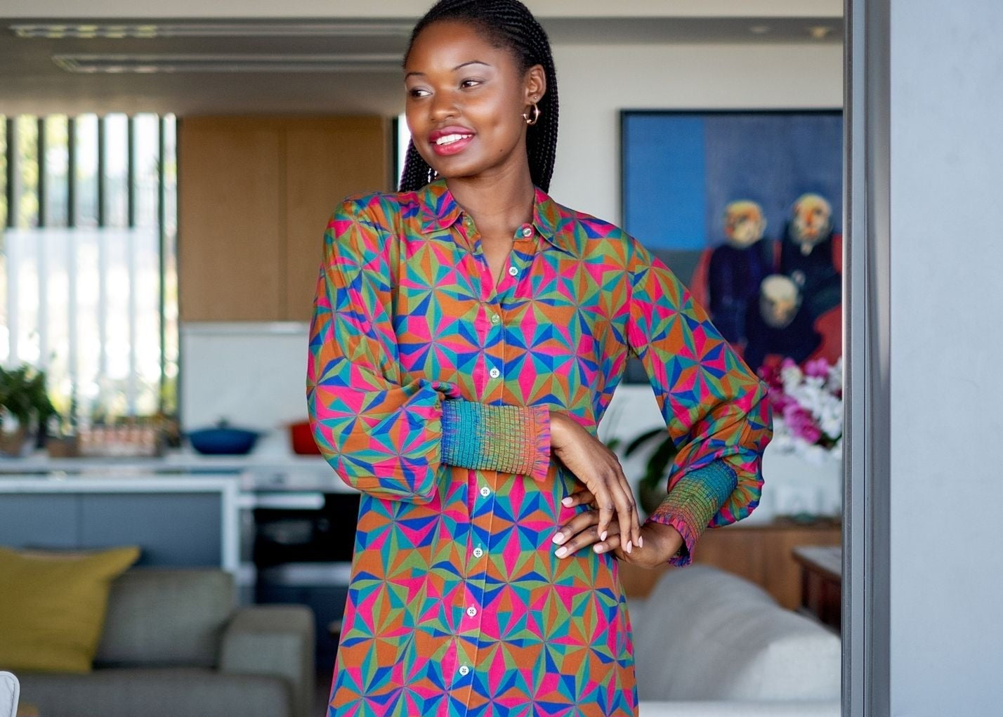 Delia Dress with Puff Sleeve in Colourful Triangles