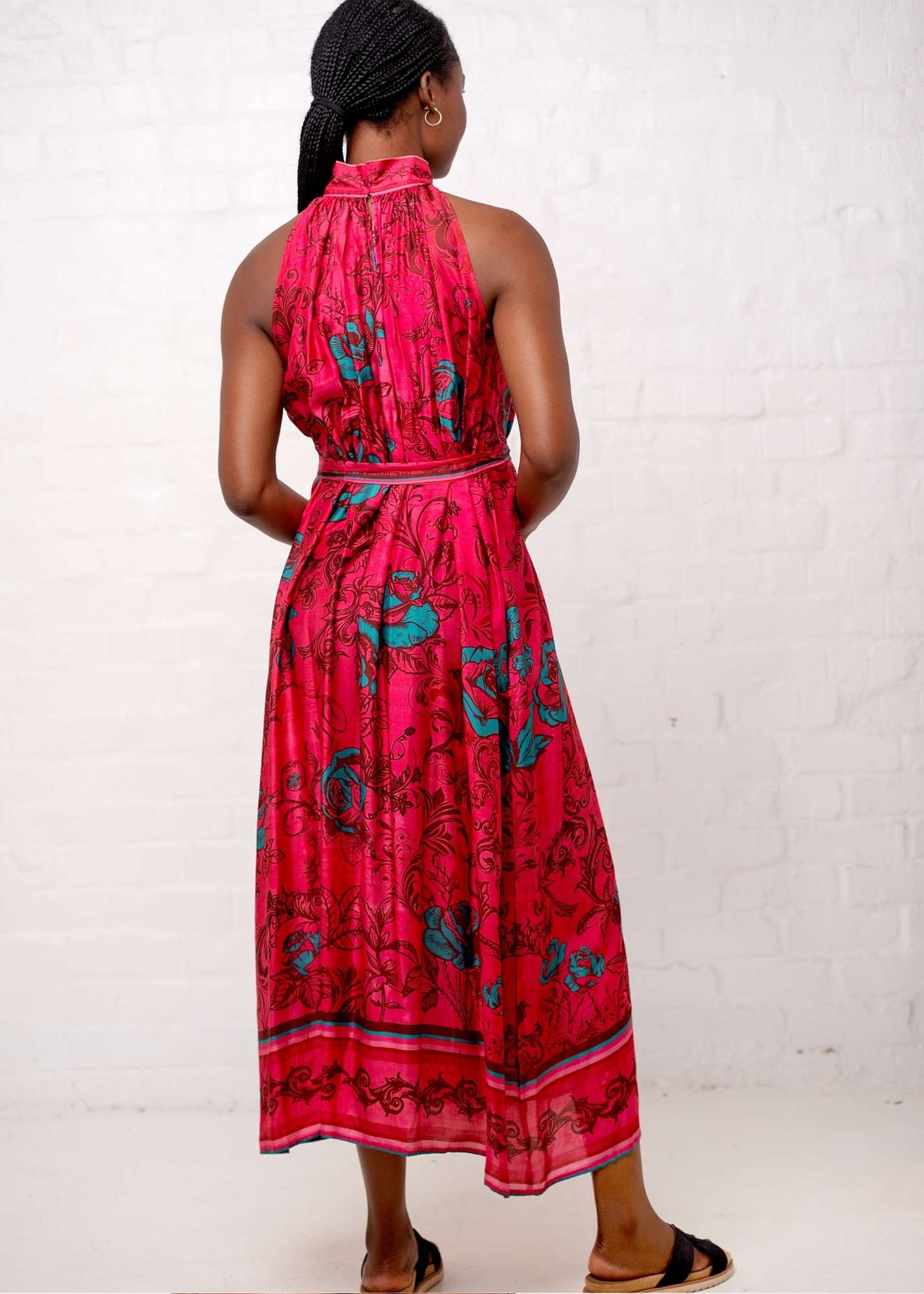 Brooke Dress in Pink with Turquoise Roses