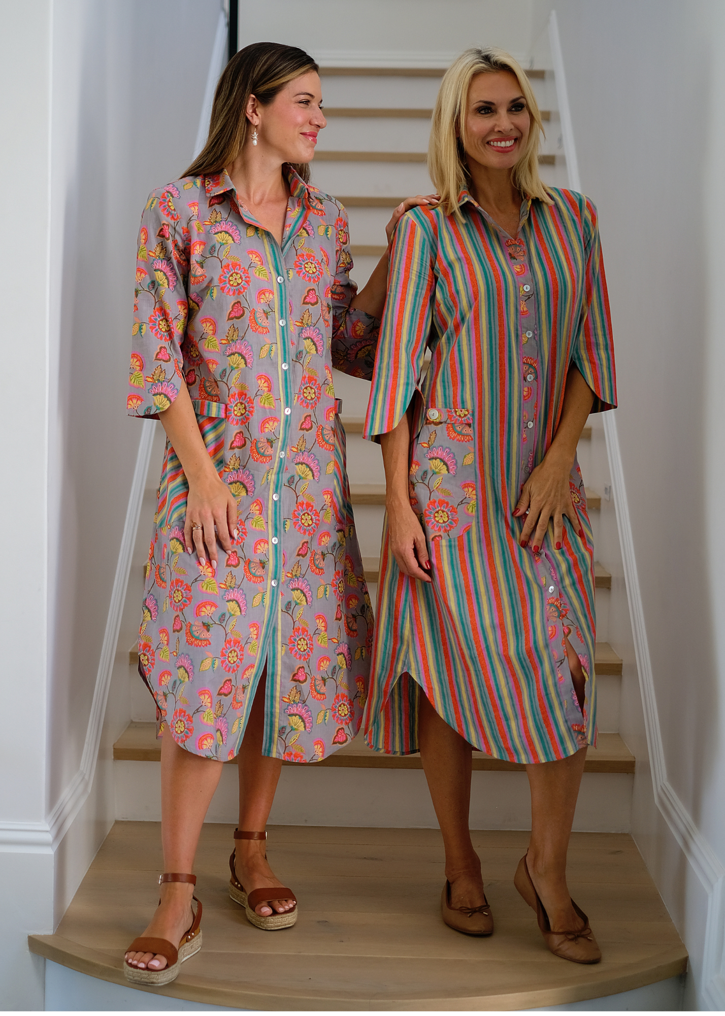 Tinos dress in Coral & grey stripes with floral contrast