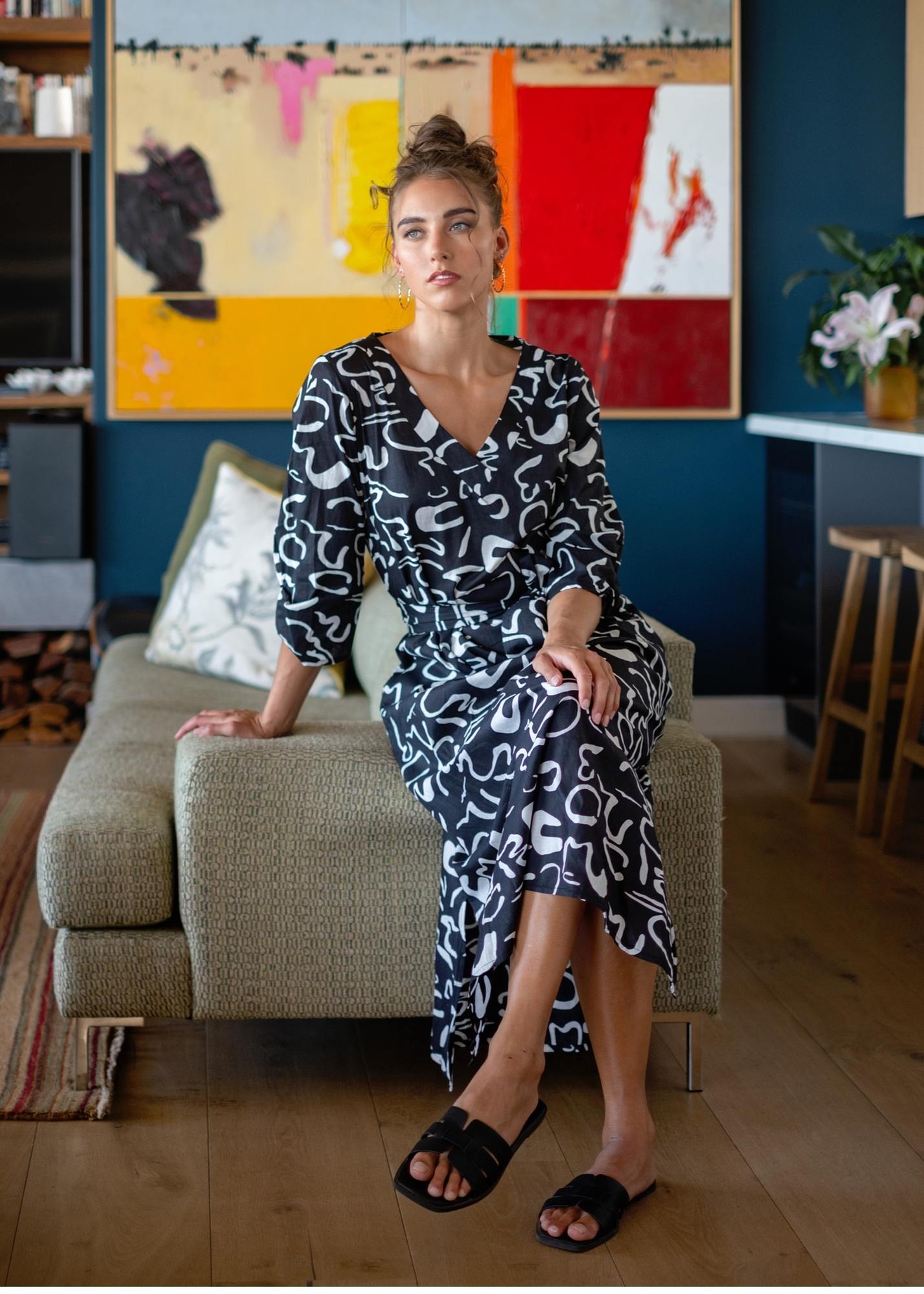 Gloria Dress with Tucked Sleeve Detail in Night Squiggle Print