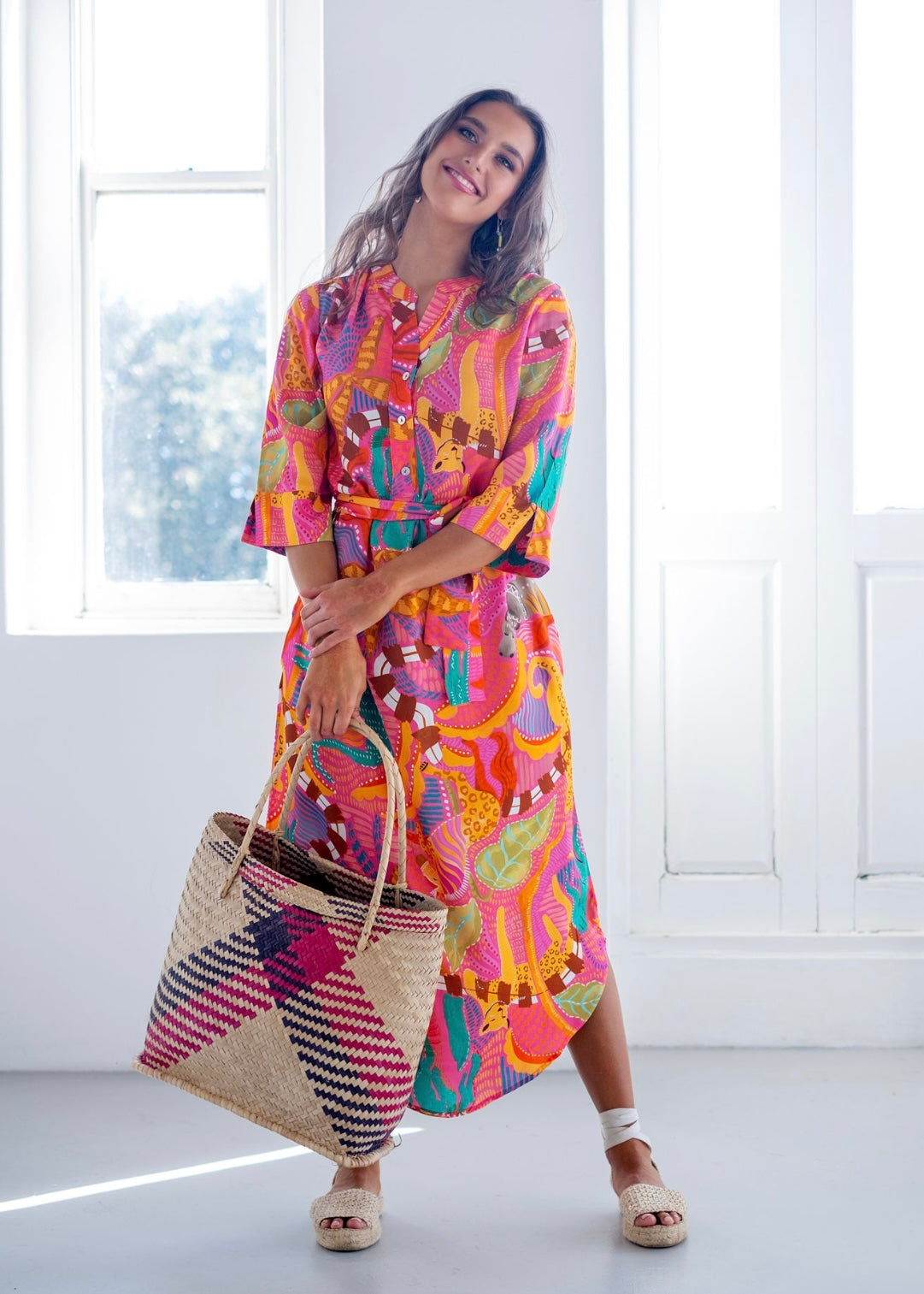 Fergie Cuffed Sleeve Dress, Pink Jungle