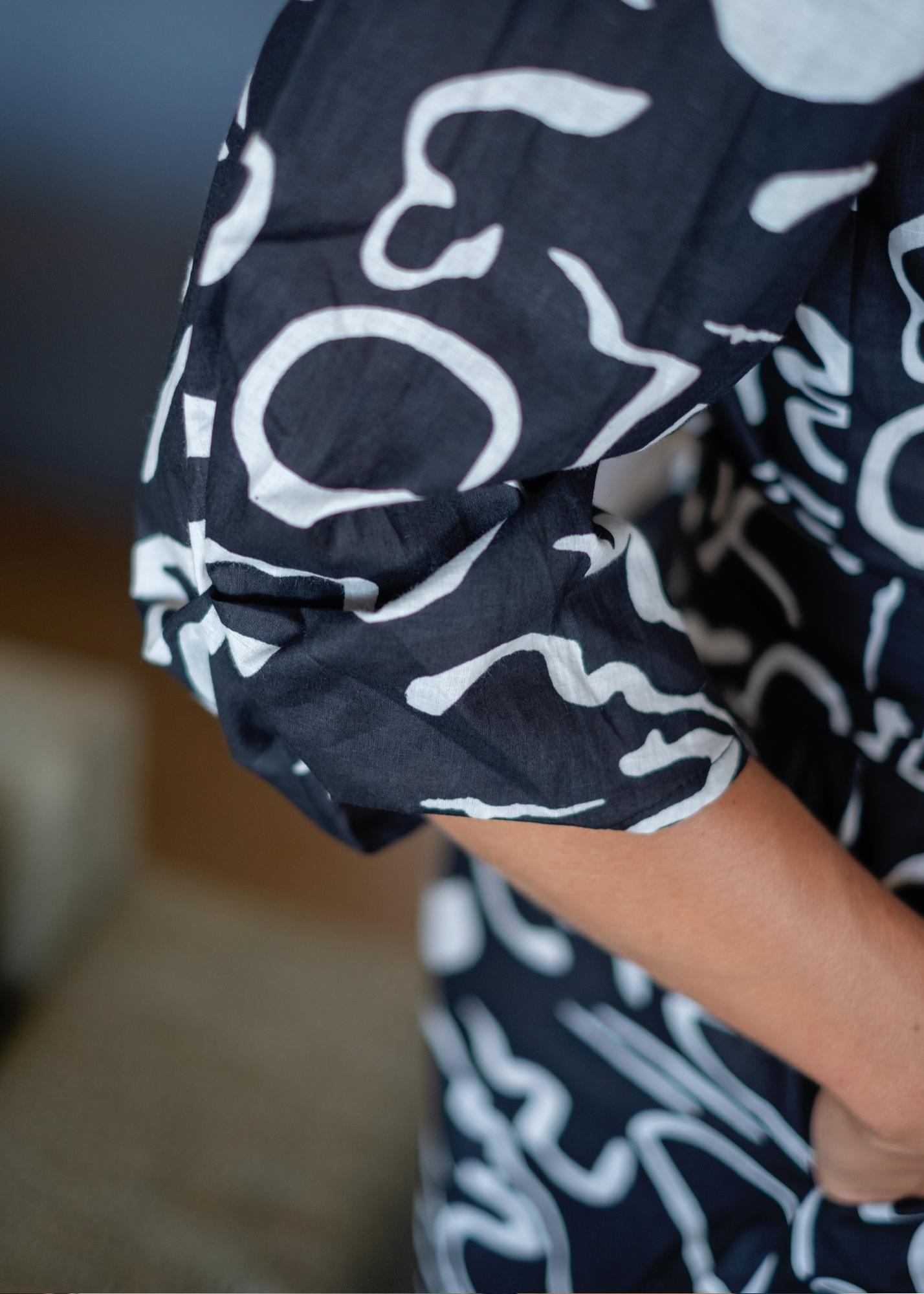 Gloria Dress with Tucked Sleeve Detail in Night Squiggle Print