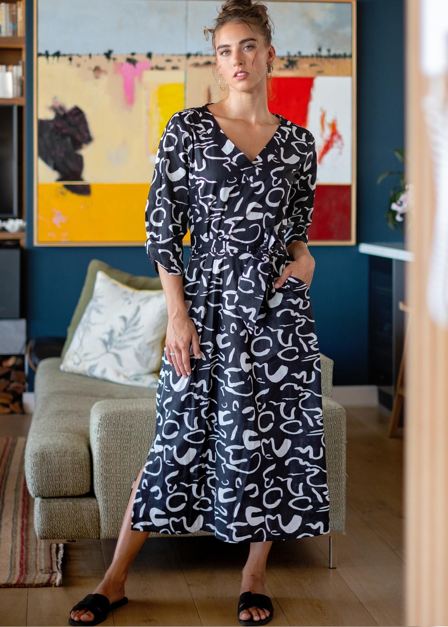 Gloria Dress with Tucked Sleeve Detail in Night Squiggle Print