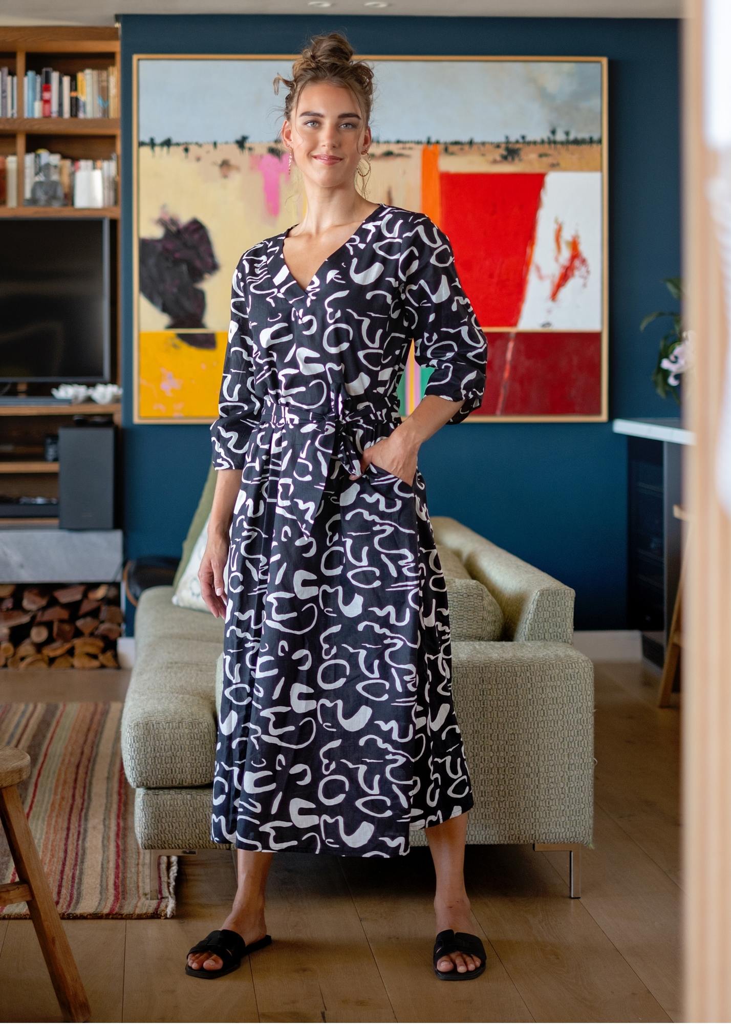 Gloria Dress with Tucked Sleeve Detail in Night Squiggle Print