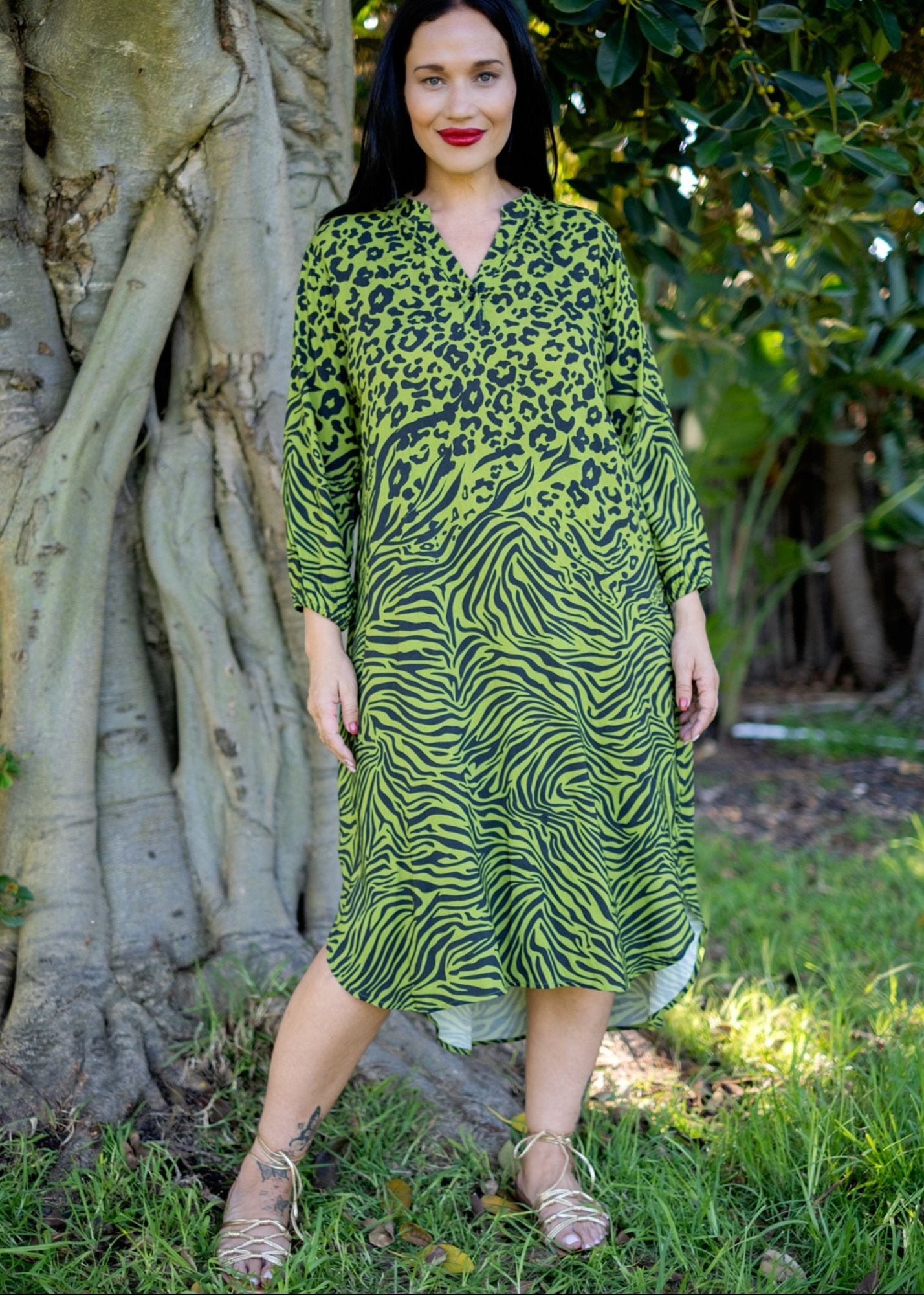 Carli Dress in Green Animal Print