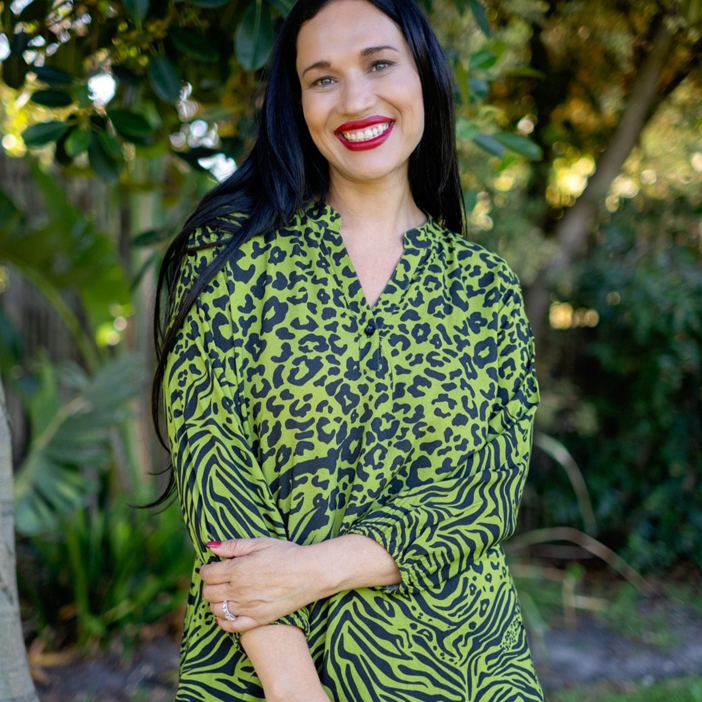 Carli Dress in Green Animal Print