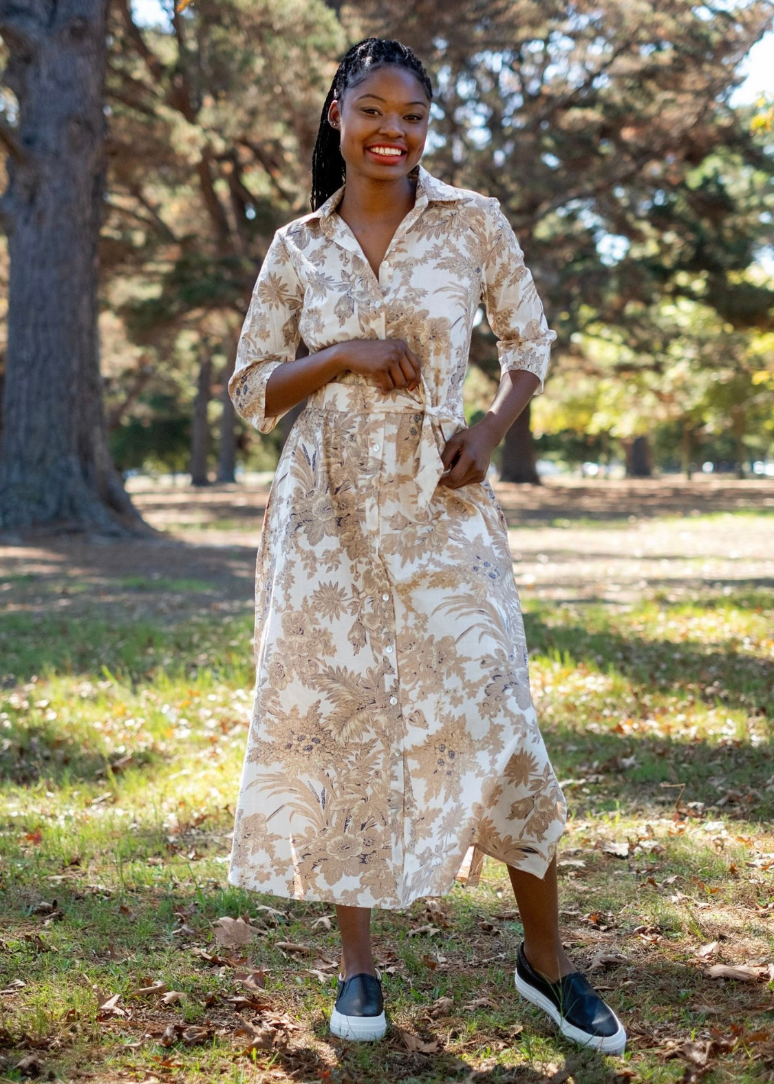 Betty Button dress, Taupe and Black Floral