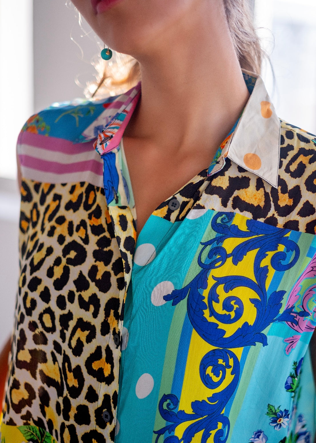 Xiah Button down blouse in Gold Chain and Animal Print