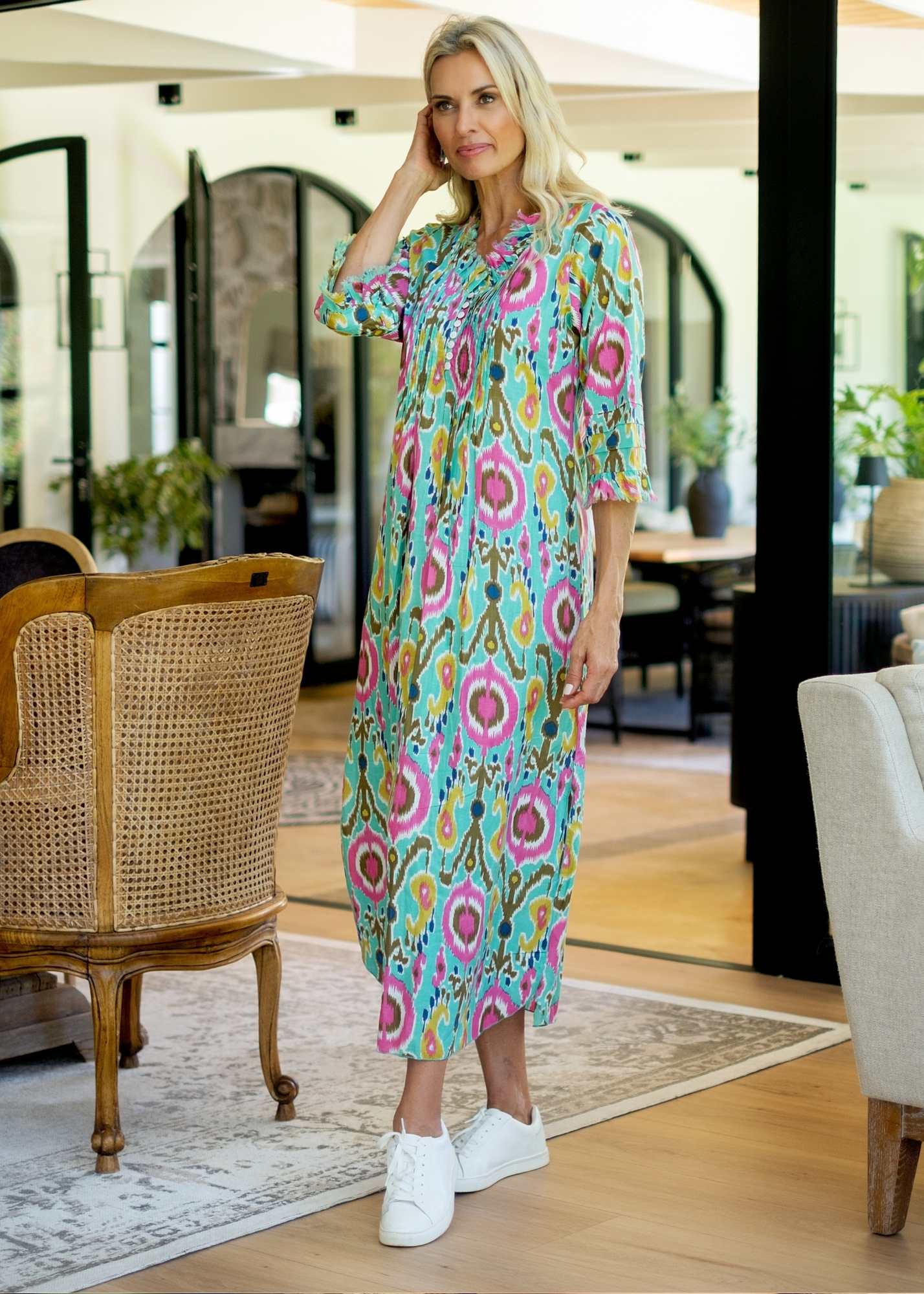 Sarah Dress with Frill in Green and Pink Ikat Long Length
