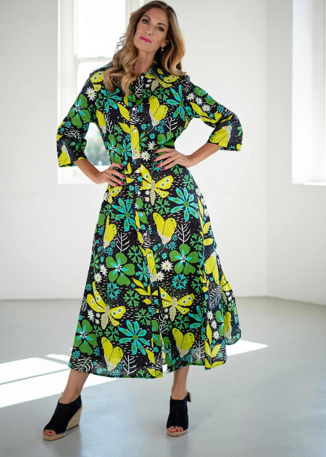 Betty Button dress, Black with Bold Lime