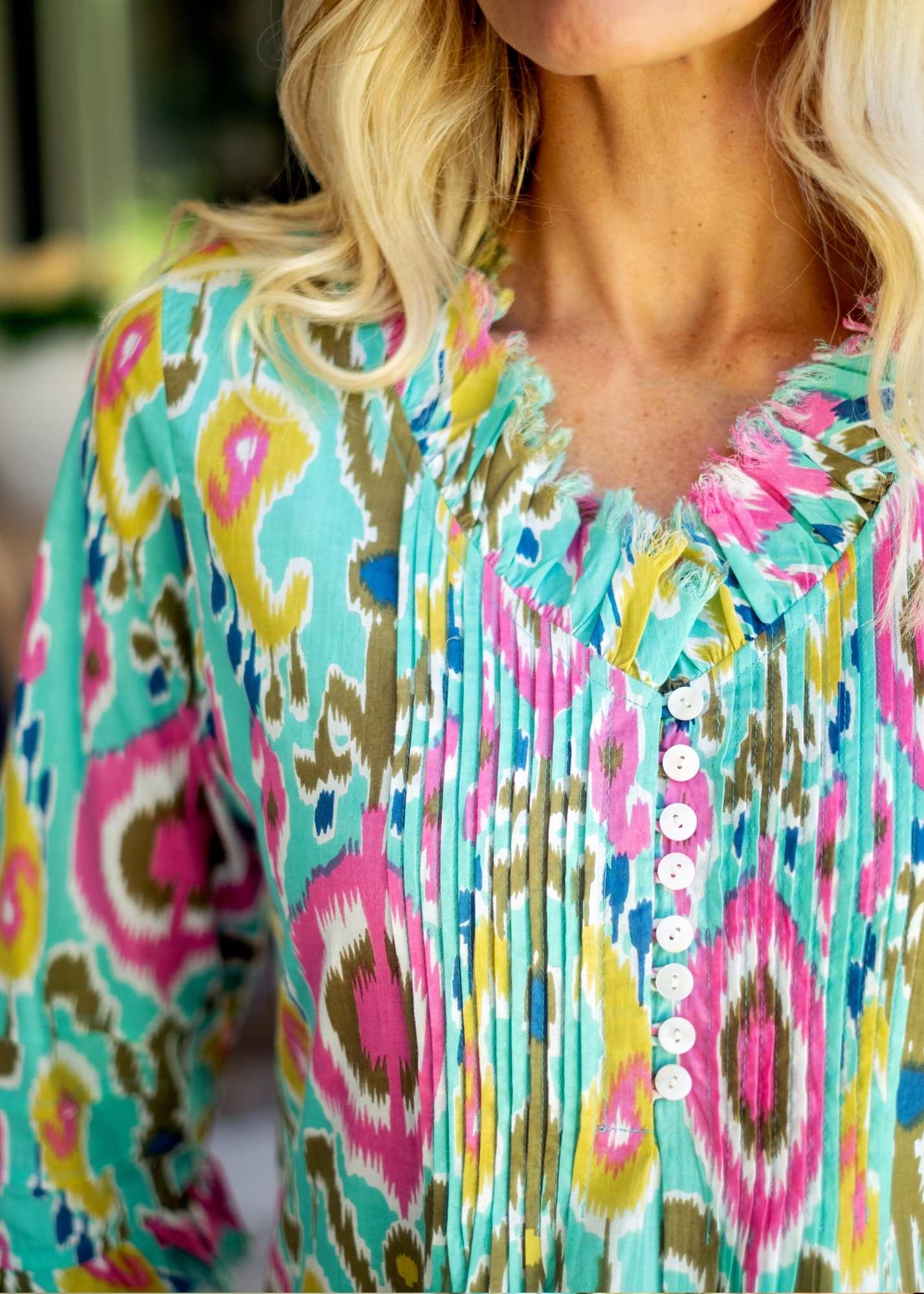 Sarah Dress with Frill in Green and Pink Ikat Long Length