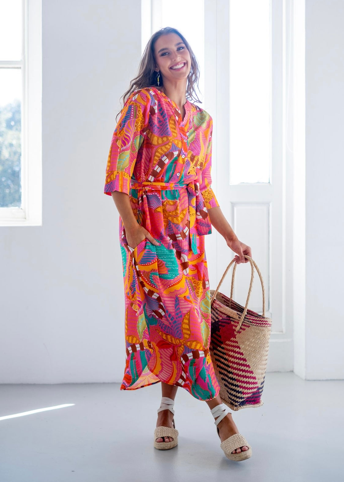 Fergie Cuffed Sleeve Dress, Pink Jungle