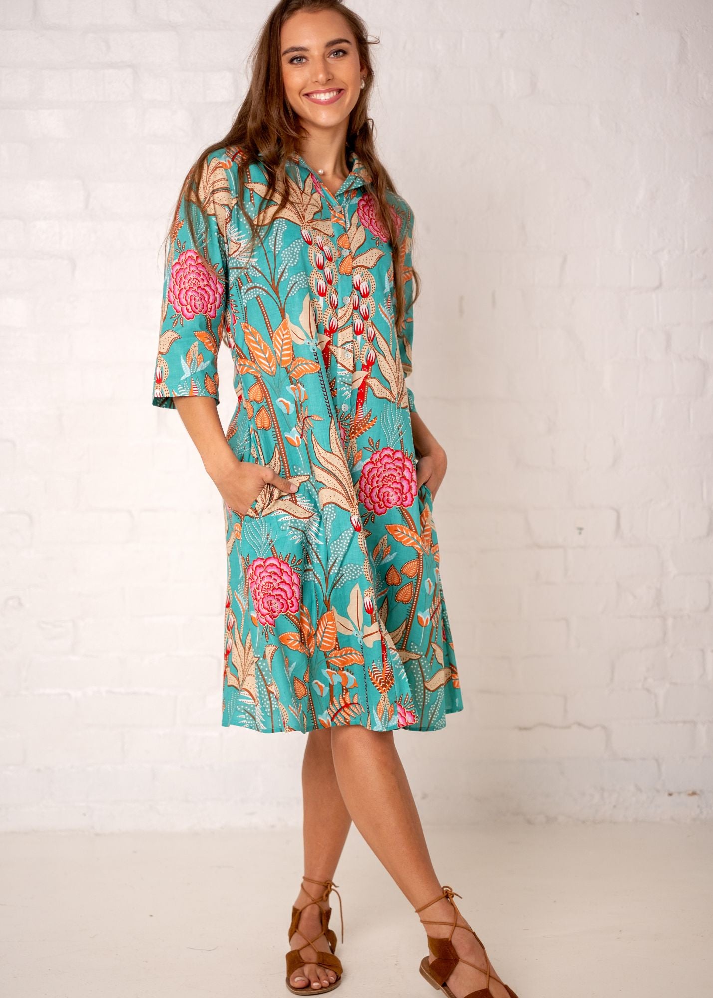 Betty Button dress Short, Jade and Coral Garden