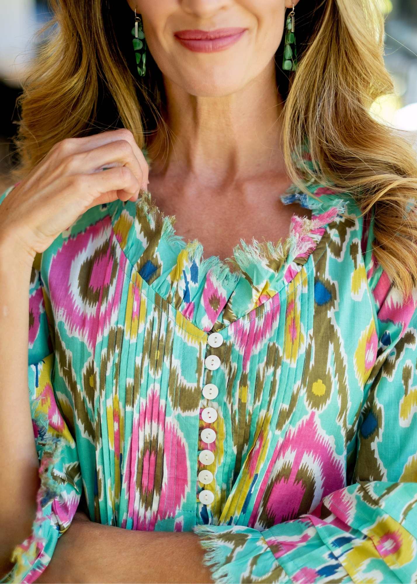Sarah Dress with Frill in Green and Pink Ikat Knee Length