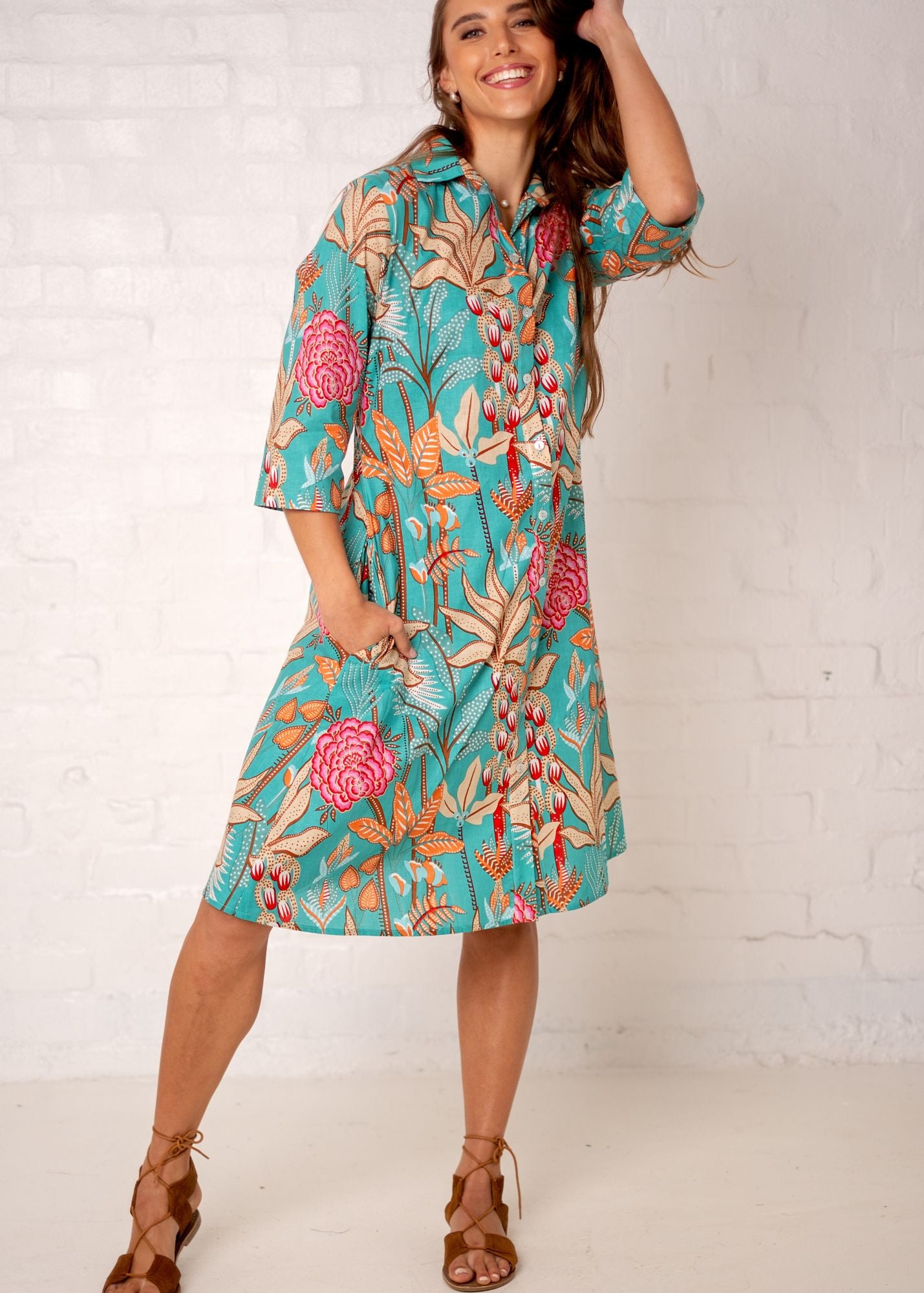 Betty Button dress Short, Jade and Coral Garden