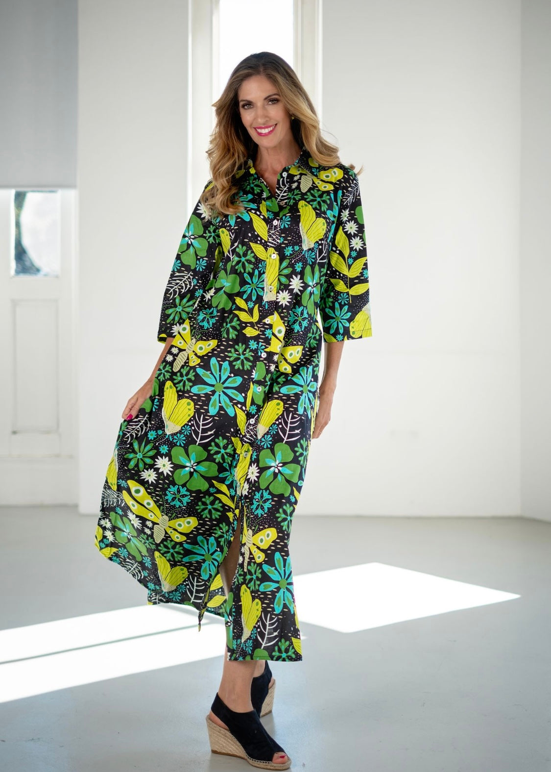 Betty Button dress, Black with Bold Lime