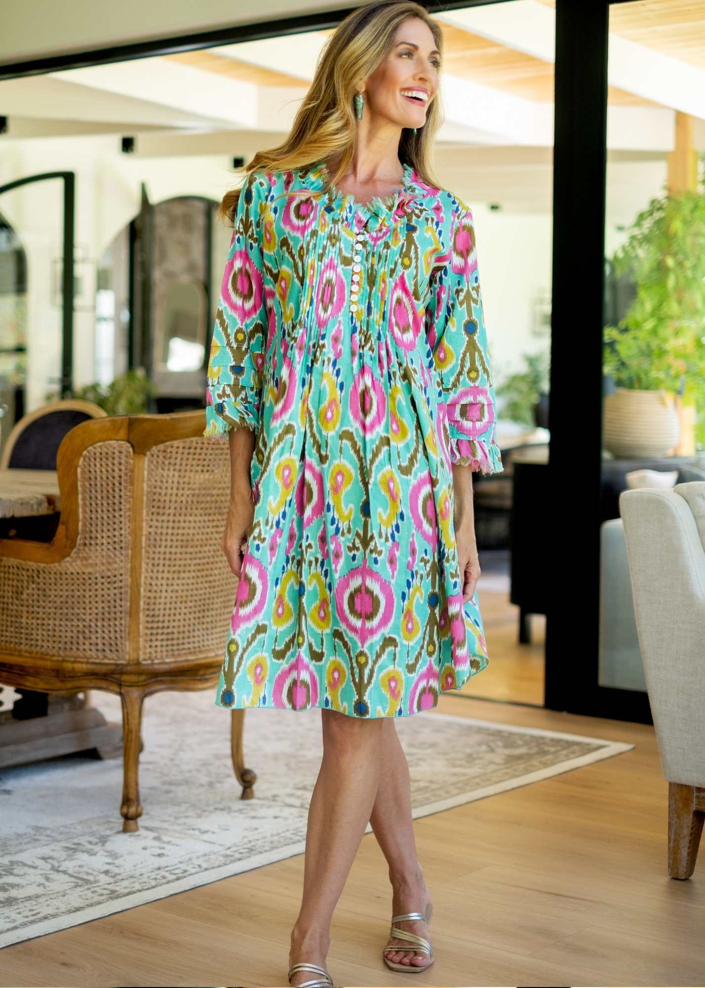 Sarah Dress with Frill in Green and Pink Ikat Knee Length