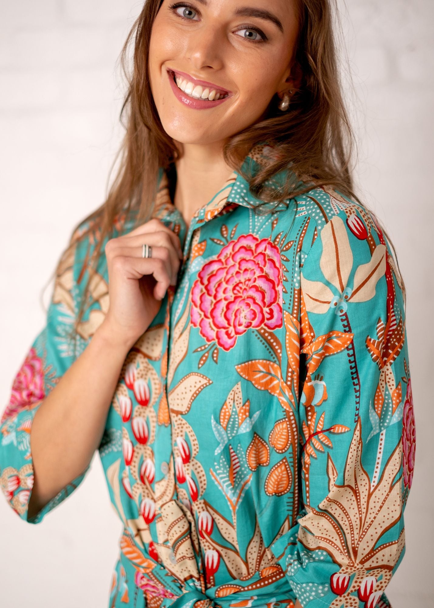 Betty Button dress Short, Jade and Coral Garden