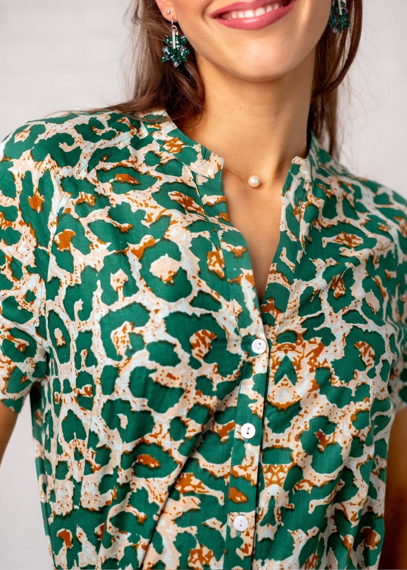 Ava Dress with Short Puff Sleeves in Jade and Taupe Animal Safari