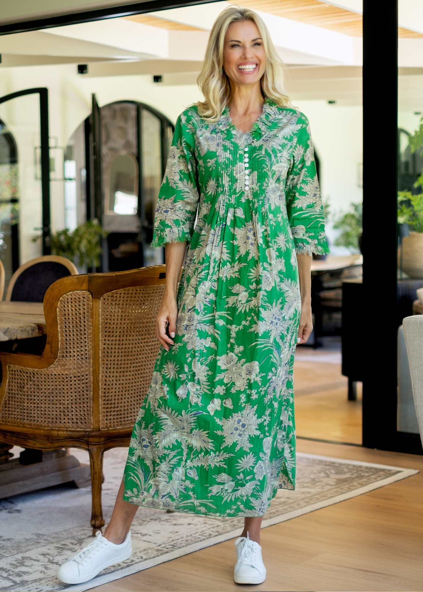 Sarah Dress with Frill in Green Garden Long Length
