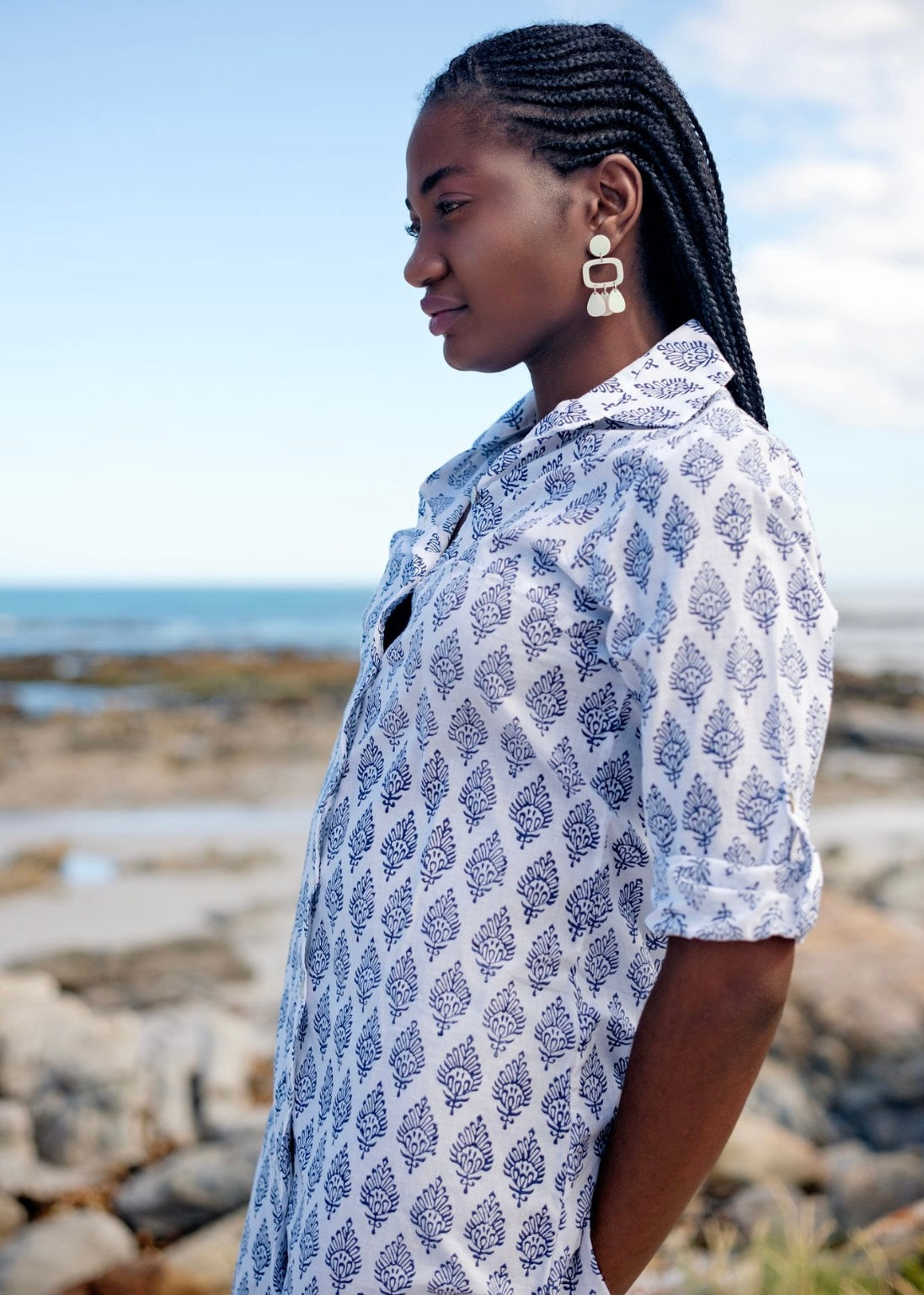 Pia dress, navy and white small pattern