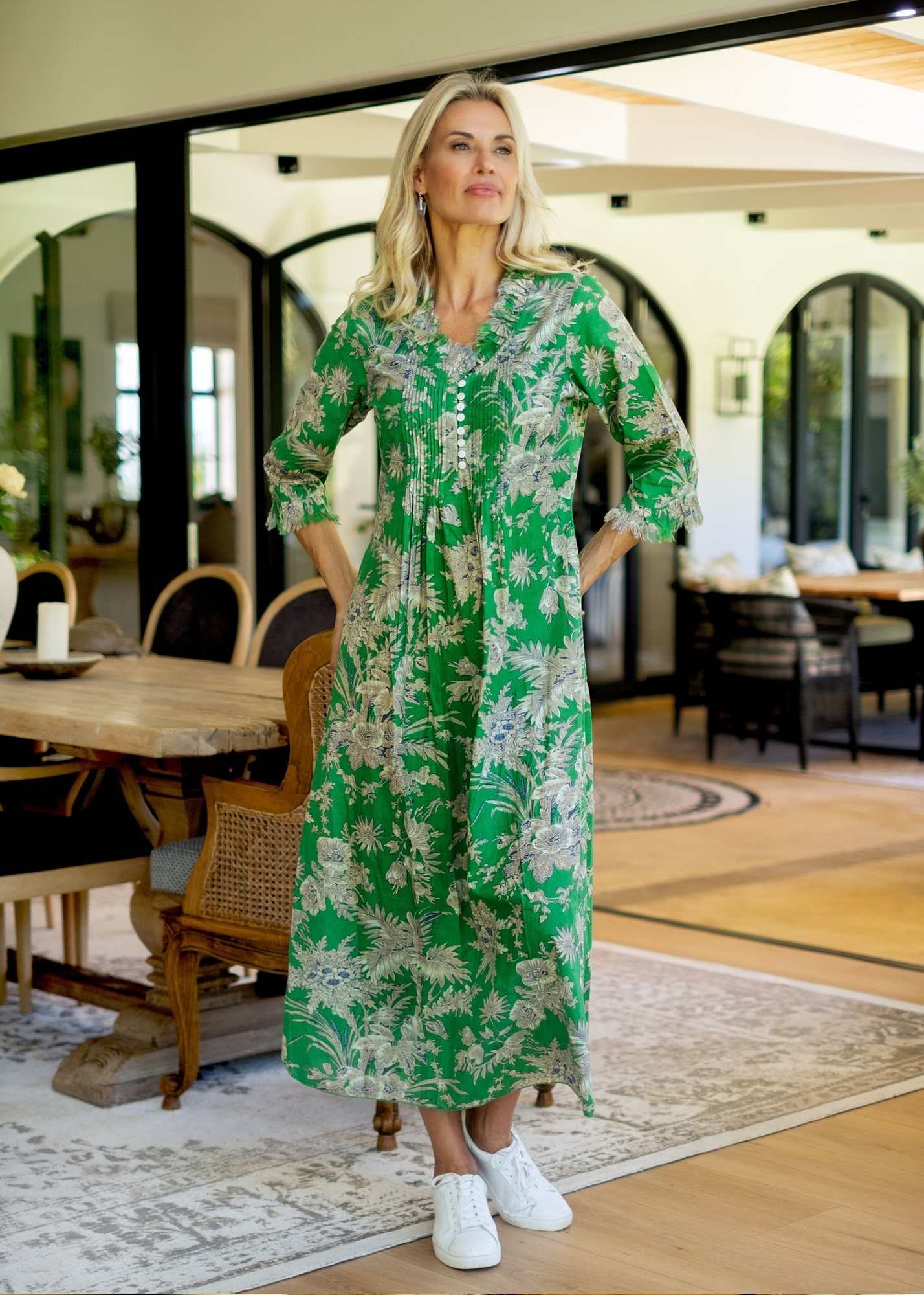 Sarah Dress with Frill in Green Garden Long Length