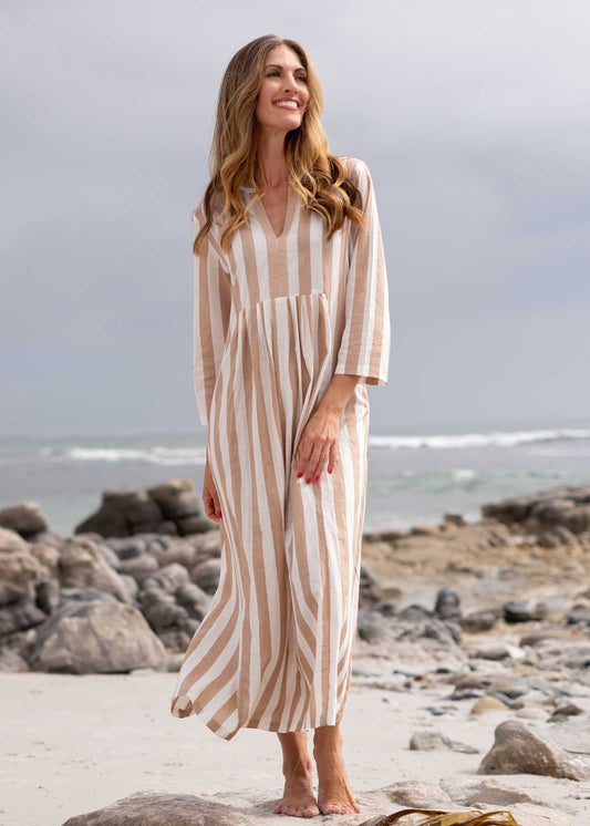 Amelia pleated dress Long, Stone Pinstripe