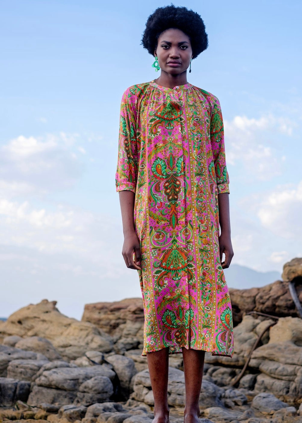 Andrea Dress, Green and Pink Paisley