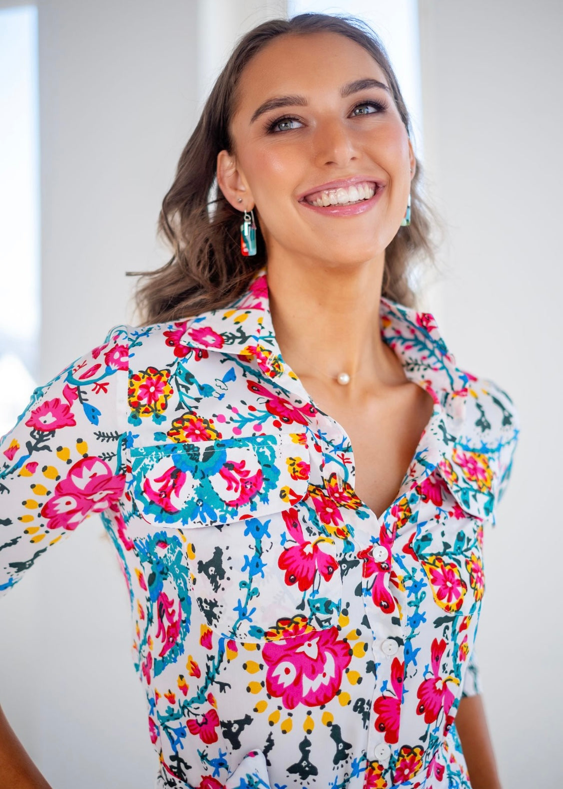Betty Button dress, White with Multicolour Floral Print