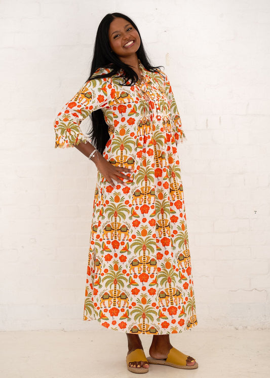 Sarah Dress with Frill in Orange and Green Camel